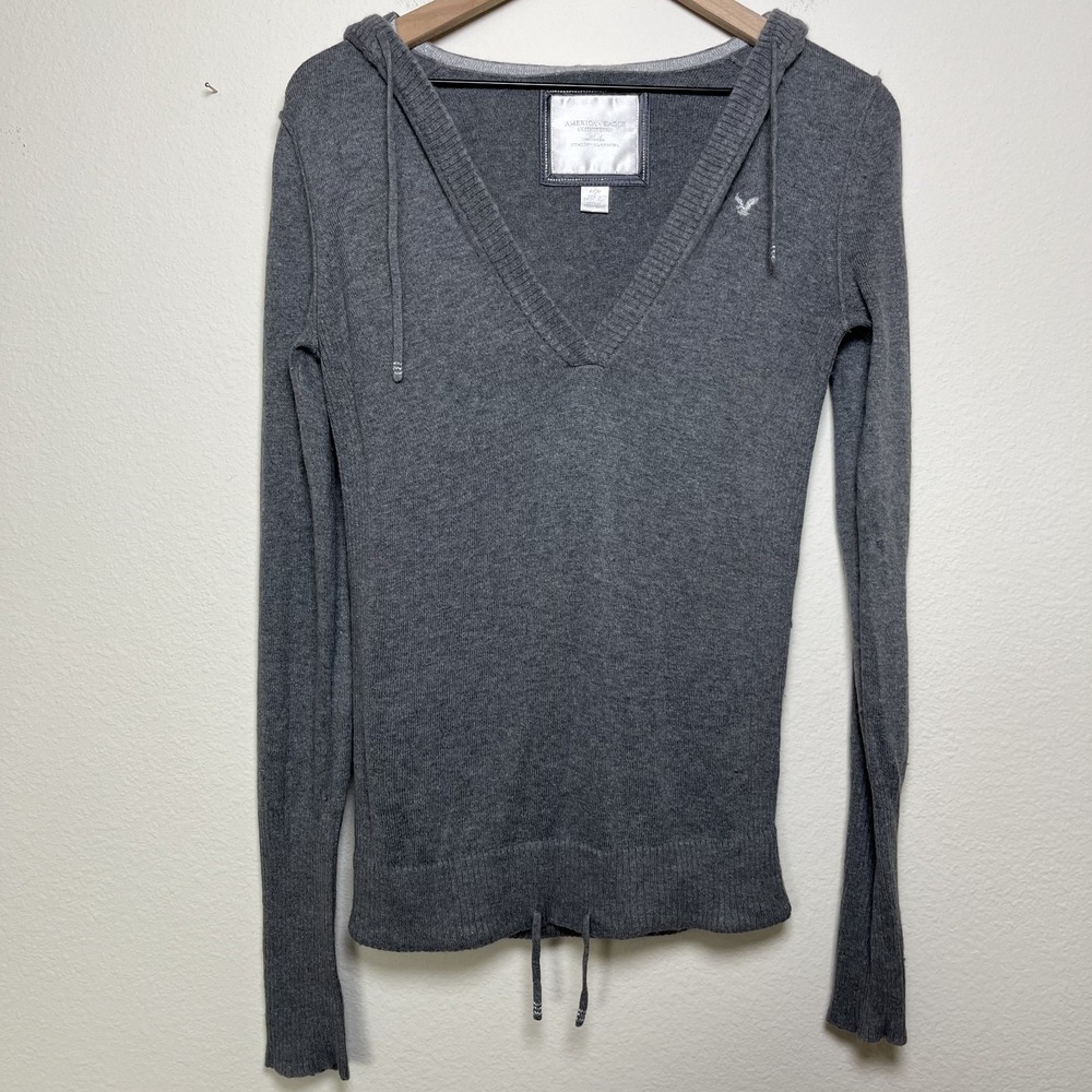 VTG y2k American Eagle Angora Cotton Sweater Gray V-Neck Hooded‎ Preppy